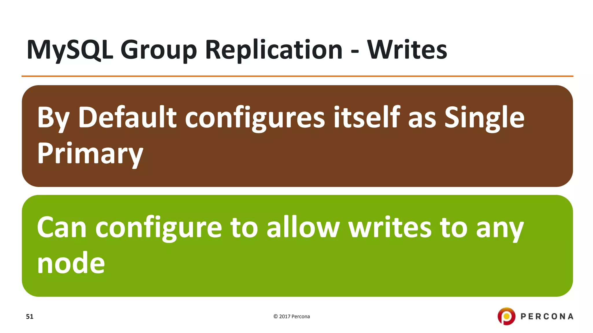 © 2017 Percona51 MySQL Group Replication - Writes By Default configures itself as Single Primary Can configure to allow writes to any node 