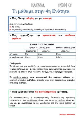  Πώς δίνουμε οδηγίες για μια συνταγή
Μια συνταγή περιλαμβάνει:
α. τα υλικά.
β. τις οδηγίες παρασκευής, συνήθως σε οριστική ή προστακτική.
 Πώς σχηματίζουμε την προστακτική των σύνθετων
ρημάτων
ΚΛΙΣΗ ΠΡΟΣΤΑΚΤΙΚΗΣ
ΕΝΕΡΓΗΤΙΚΗ ΦΩΝΗ ΠΑΘΗΤΙΚΗ ΦΩΝΗ
Ενεστώτας Αόριστος Αόριστος
β΄ενικού δένε δέσε δέσου
β’ πληθυντικού δένετε δέστε δεθείτε
Ορθογραφία
Το (ι) πριν από την κατάληξη της προστακτική γράφεται με ήτα (η), όταν
το ρήμα τελειώνει σε –ώ, π.χ. χρησιμοποιώ: χρησιμοποίησε, ενώ γράφεται
με γιώτα (ι), όταν το ρήμα τελειώνει σε –ίζω, π.χ. διαφημίζω: διαφήμισε.
Τα σύνθετα ρήματα στην προστακτική δεν παίρνουν αύξηση, π.χ.
οριστική: ανέλαβα, ανέλαβες, ανέλαβε, ενώ στην προστακτική: ανάλαβα,
ανάλαβες, ανάλαβε.
 Πώς χρησιμοποιούμε τις αποτελεσματικές προτάσεις.
Οι αποτελεσματικές ή συμπερασματικές δευτερεύουσες προτάσεις
εισάγονται με τους συνδέσμους ώστε, που και με τις φράσεις ώστε να,
που να, με αποτέλεσμα να και χωρίζονται από την κύρια πρόταση με
κόμμα.
Παλάνης Αθανάσιος
 