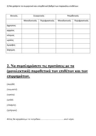 2) Να γράψετε το συγκριτικό και υπερθετικό βαθμό των παρακάτω επιθέτων:
Θετικός Συγκριτικός Υπερθετικός
Μονολεκτικός Περιφραστικός Μονολεκτικός Περιφραστικός
άχρηστος
αρχαίος
κόσμιος
ωραίος
όμορφος
άσχημος
2. Να συμπληρώσετε τις προτάσεις με τα
(μονολεκτικά) παραθετικά των επιθέτων και των
επιρρημάτων.
(ακριβά)
(ονομαστό)
(ωραίος)
(ψηλά)
(ελαφρύς)
(γρήγορος)
Φέτος θα αγοράσουμε το πετρέλαιο......................................................από πέρσι.
 