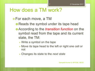How does a TM work?
For each move, a TM
 Reads the symbol under its tape head
 According to the transition function on the
symbol read from the tape and its current
state, the TM:
 Write a symbol on the tape
 Move its tape head to the left or right one cell or
not
 Changes its state to the next state
21 November 2017
Sampath Kumar S, AP/CSE, SECE
7
 