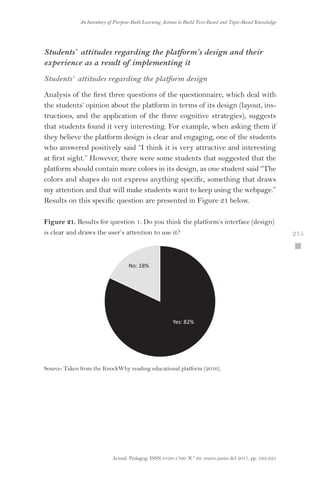Actual. Pedagog. ISSN 0120-1700. N.º 69. enero-junio del 2017, pp. 193-225
An Inventory of Purpose-Built Learning Actions to Build Text-Based and Topic-Based Knowledge
 215
Students’ attitudes regarding the platform’s design and their
experience as a result of implementing it
Students’ attitudes regarding the platform design
Analysis of the first three questions of the questionnaire, which deal with
the students’ opinion about the platform in terms of its design (layout, ins-
tructions, and the application of the three cognitive strategies), suggests
that students found it very interesting. For example, when asking them if
they believe the platform design is clear and engaging, one of the students
who answered positively said “I think it is very attractive and interesting
at first sight.” However, there were some students that suggested that the
platform should contain more colors in its design, as one student said “The
colors and shapes do not express anything specific, something that draws
my attention and that will make students want to keep using the webpage.”
Results on this specific question are presented in Figure 21 below.
Figure 21. Results for question 1: Do you think the platform’s interface (design)
is clear and draws the user’s attention to use it?
No: 18%
Yes: 82%
Source: Taken from the KnockWhy reading educational platform (2016).
 