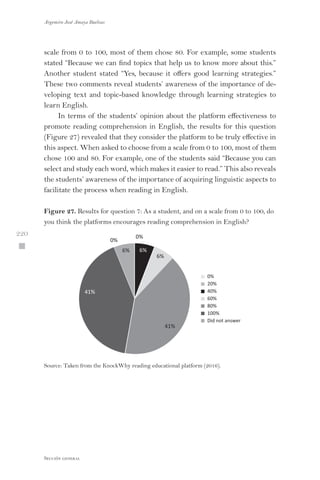 Argemiro José Amaya Buelvas
 220
Sección general
scale from 0 to 100, most of them chose 80. For example, some students
stated “Because we can find topics that help us to know more about this.”
Another student stated “Yes, because it offers good learning strategies.”
These two comments reveal students’ awareness of the importance of de-
veloping text and topic-based knowledge through learning strategies to
learn English.
In terms of the students’ opinion about the platform effectiveness to
promote reading comprehension in English, the results for this question
(Figure 27) revealed that they consider the platform to be truly effective in
this aspect. When asked to choose from a scale from 0 to 100, most of them
chose 100 and 80. For example, one of the students said “Because you can
select and study each word, which makes it easier to read.” This also reveals
the students’ awareness of the importance of acquiring linguistic aspects to
facilitate the process when reading in English.
Figure 27. Results for question 7: As a student, and on a scale from 0 to 100, do
you think the platforms encourages reading comprehension in English?
41%
6%
0%
0%
6%
0%
20%
40%
60%
80%
100%
Did not answer
6%
41%
Source: Taken from the KnockWhy reading educational platform (2016).
 