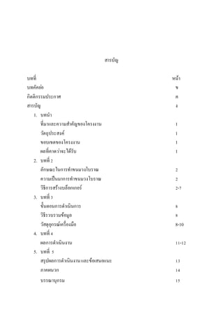 สารบัญ
บทที่ หน้า
บทคัคย่อ ข
กิตติกรรมประกาศ ค
สารบัญ ง
1. บทนา
ที่มาและความสาคัญของโครงงาน 1
วัตถุประสงค์ 1
ขอบเขตของโครงงาน 1
ผลที่คาดว่าจะได้รับ 1
2. บทที่ 2
ลักษณะในการทาขนมวงโบราณ 2
ความเป็นมาการทาขนมวงโบราณ 2
วิธีการสร้างบล็อกเกอร์ 2-7
3. บทที่ 3
ขั้นตอนการดาเนินการ 8
วิธีรวบรวมข้อมูล 8
วัสดุอุกรณ์เครื่องมือ 8-10
4. บทที่ 4
ผลการดาเนินงาน 11-12
5. บทที่ 5
สรุปผลการดาเนินงานและข้อเสนอแนะ 13
ภาคผนวก 14
บรรณานุกรม 15
 