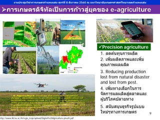 การเกษตรดิจิทัลเป็ นการก้าวสู่ยุคของ e-agriculture
http://www.lib.ku.ac.th/regis_tcop/upload/Digital%20Agriculture-pisuth.pdf
1. ลดต ้นทุนการผลิต
2. เพิ่มผลิตภาพและเพิ่ม
คุณภาพผลผลิต
3. Reducing production
lost from natural disaster
and lost from pest.
4. เพิ่มทางเลือกในการ
จัดการผลผลิตสู่ตลาดและ
ผู ้บริโภคปลายทาง
Precision agriculture
9
งานประชุมวิชาการเกษตรกําแพงแสน ศุกร์ที่ 8 ธันวาคม 2560 ณ มหาวิทยาลัยเกษตรศาสตร์วิทยาเขตกําแพงแสน
5. สนับสนุนธุรกิจรูปแบบ
ใหม่ๆทางการเกษตร
 