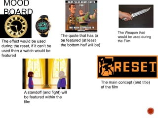 The Weapon that
would be used during
the FilmThe effect would be used
during the reset, if it can’t be
used then a watch would be
featured
The quote that has to
be featured (at least
the bottom half will be)
The main concept (and title)
of the film
A standoff (and fight) will
be featured within the
film
 