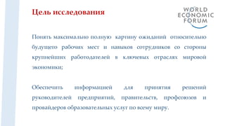 Цель исследования
Понять максимально полную картину ожиданий относительно
будущего рабочих мест и навыков сотрудников со стороны
крупнейших работодателей в ключевых отраслях мировой
экономики;
Обеспечить информацией для принятия решений
руководителей предприятий, правительств, профсоюзов и
провайдеров образовательных услуг по всему миру.
 