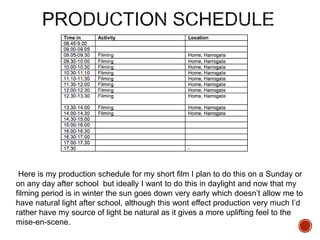 Here is my production schedule for my short film I plan to do this on a Sunday or
on any day after school but ideally I want to do this in daylight and now that my
filming period is in winter the sun goes down very early which doesn’t allow me to
have natural light after school, although this wont effect production very much I’d
rather have my source of light be natural as it gives a more uplifting feel to the
mise-en-scene.
 
