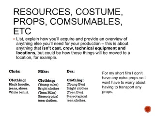  List, explain how you’ll acquire and provide an overview of
anything else you’ll need for your production – this is about
anything that isn’t cast, crew, technical equipment and
locations, but could be how those things will be moved to a
location, for example.
For my short film I don’t
have any extra props so I
wont have to worry about
having to transport any
props.
 