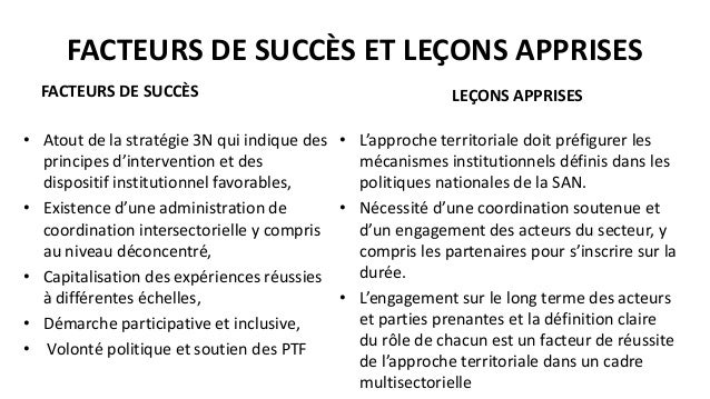 FACTEURS DE SUCCÈS ET LEÇONS APPRISES
FACTEURS DE SUCCÈS
• Atout de la stratégie 3N qui indique des
principes d’interventi...
