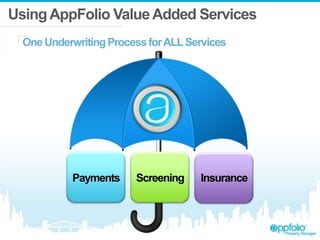 UsingAppFolio ValueAdded Services
One UnderwritingProcessforALLServices
Payments Screening Insurance
 