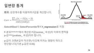 일변량 통계
회귀: 상관계수를 이용하여 F값을 계산합니다.
𝐶𝑜𝑟𝑟 =
𝑖=1
𝑛
(𝑥𝑖 − 𝑥)(𝑦𝑖 − 𝑦)
𝑠𝑡𝑑 𝑥 𝑠𝑡𝑑(𝑦)
SelectKBest나 SelectPercentile에서 f_regression로 지정
F-분포distribution에서 계산된 F값(scores_ 속성)의 이후의 면적을
p-값value(pvalues_ 속성)이라 합니다.
p-값이 크면(F값이 작으면) 타깃에 미치는 영향이 작다고
판단합니다(기본 p-값은 0.05)
34
 