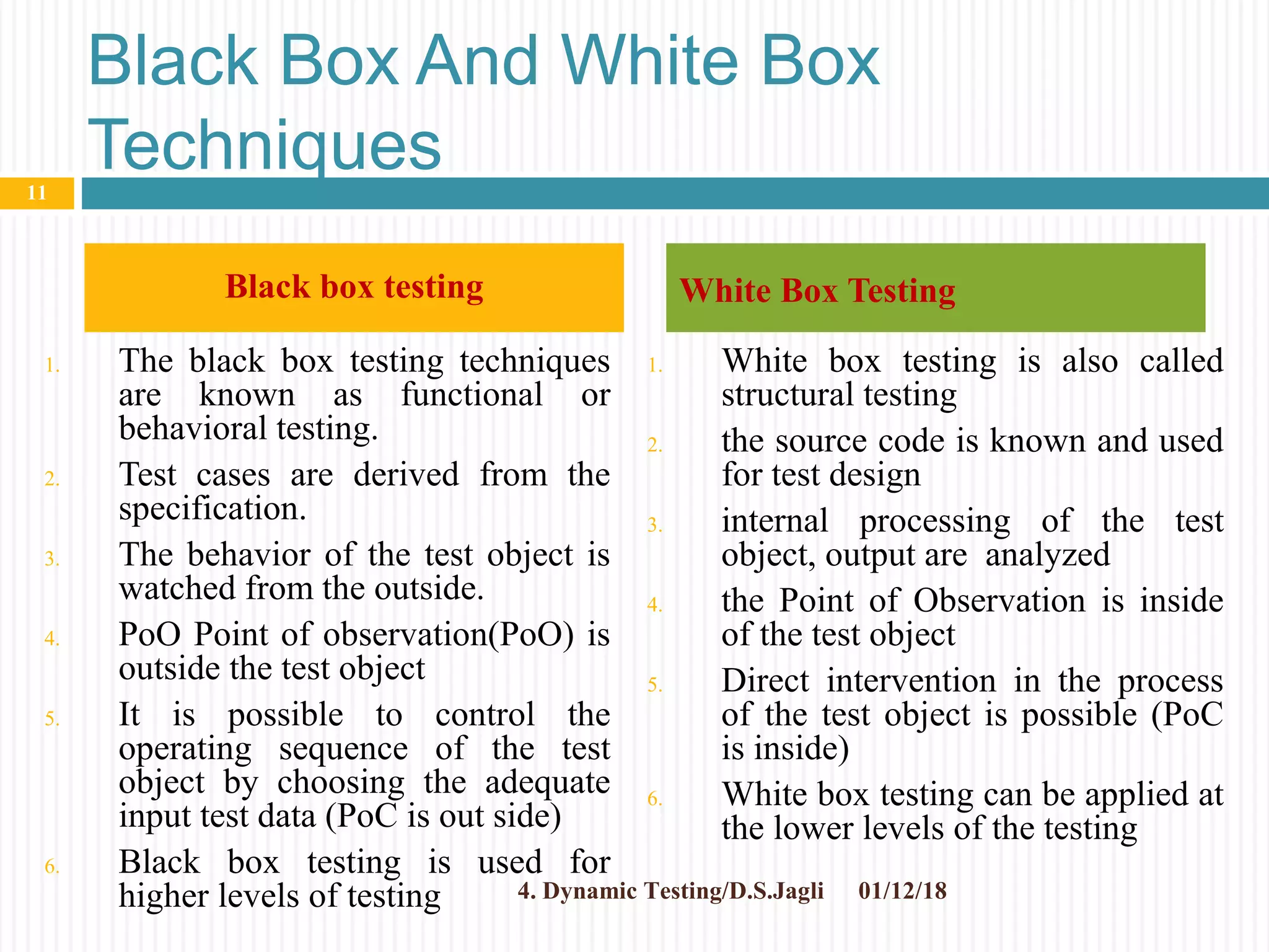 Black Box And White Box
Techniques
1. The black box testing techniques
are known as functional or
behavioral testing.
2. Test cases are derived from the
specification.
3. The behavior of the test object is
watched from the outside.
4. PoO Point of observation(PoO) is
outside the test object
5. It is possible to control the
operating sequence of the test
object by choosing the adequate
input test data (PoC is out side)
6. Black box testing is used for
higher levels of testing
1. White box testing is also called
structural testing
2. the source code is known and used
for test design
3. internal processing of the test
object, output are analyzed
4. the Point of Observation is inside
of the test object
5. Direct intervention in the process
of the test object is possible (PoC
is inside)
6. White box testing can be applied at
the lower levels of the testing
Black box testing White Box Testing
01/12/18
11
4. Dynamic Testing/D.S.Jagli
 