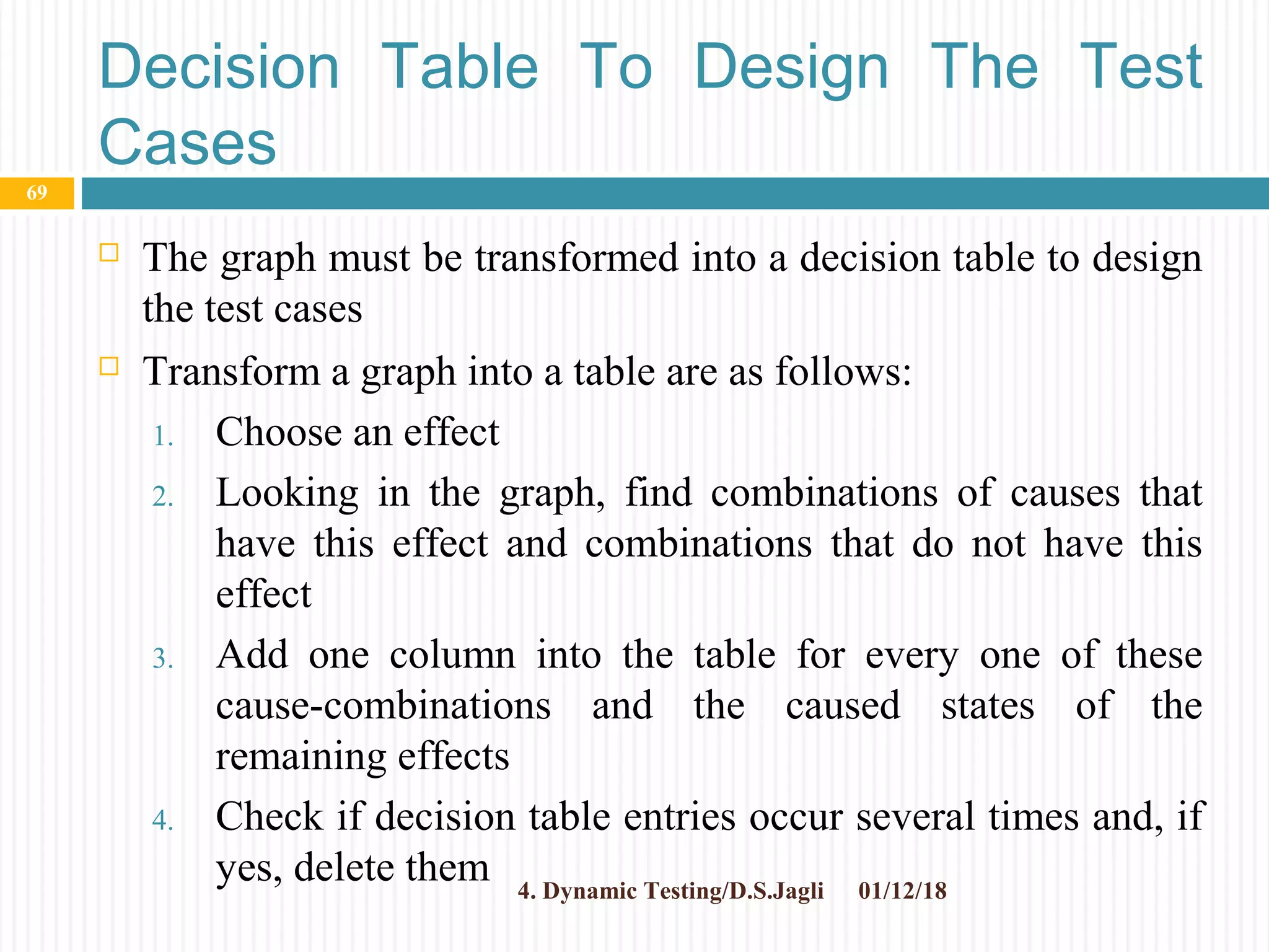 Decision Table To Design The Test
Cases
 The graph must be transformed into a decision table to design
the test cases
 Transform a graph into a table are as follows:
1. Choose an effect
2. Looking in the graph, find combinations of causes that
have this effect and combinations that do not have this
effect
3. Add one column into the table for every one of these
cause-combinations and the caused states of the
remaining effects
4. Check if decision table entries occur several times and, if
yes, delete them 01/12/184. Dynamic Testing/D.S.Jagli
69
 