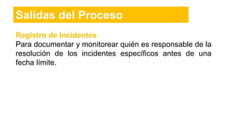 Salidas del Proceso
Registro de Incidentes
Para documentar y monitorear quién es responsable de la
resolución de los incidentes específicos antes de una
fecha límite.
 