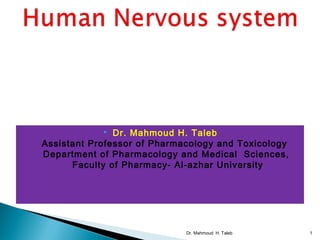  Dr. Mahmoud H. Taleb
Assistant Professor of Pharmacology and Toxicology
Department of Pharmacology and Medical Sciences,
Faculty of Pharmacy- Al-azhar University
1Dr. Mahmoud H. Taleb
 