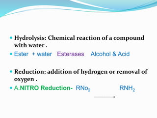  Hydrolysis: Chemical reaction of a compound
with water .
 Ester + water Esterases Alcohol & Acid
 Reduction: addition of hydrogen or removal of
oxygen .
 A.NITRO Reduction- RNo2 RNH2
 
