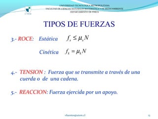 TIPOS DE FUERZAS
3.- ROCE: Estática
Cinética
4.- TENSION : Fuerza que se transmite a través de una
cuerda o de una cadena.
5.- REACCION: Fuerza ejercida por un apoyo.
vfuentes@utem.cl 13
s sf Nµ≤
k kf Nµ=
UNIVERSIDAD TECNOLOGICA METROPOLITANA
FACULTAD DE CIENCIAS NATURALES MATEMATICA Y DE MEDIOAMBIENTE
DEPARTAMENTO DE FISICA
 