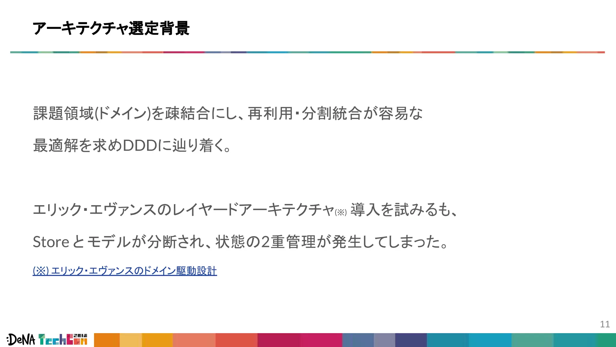 課題領域(ドメイン)を疎結合にし、再利用・分割統合が容易な
最適解を求めDDDに辿り着く。
エリック・エヴァンスのレイヤードアーキテクチャ(※) 導入を試みるも、
Store と モデルが分断され、状態の2重管理が発生してしまった。
(※) エリック・エヴァンスのドメイン駆動設計
アーキテクチャ選定背景
 