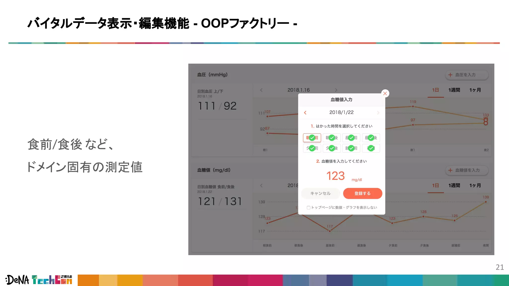 バイタルデータ表示・編集機能 - OOPファクトリー -
食前/食後 など、
ドメイン固有の測定値
 