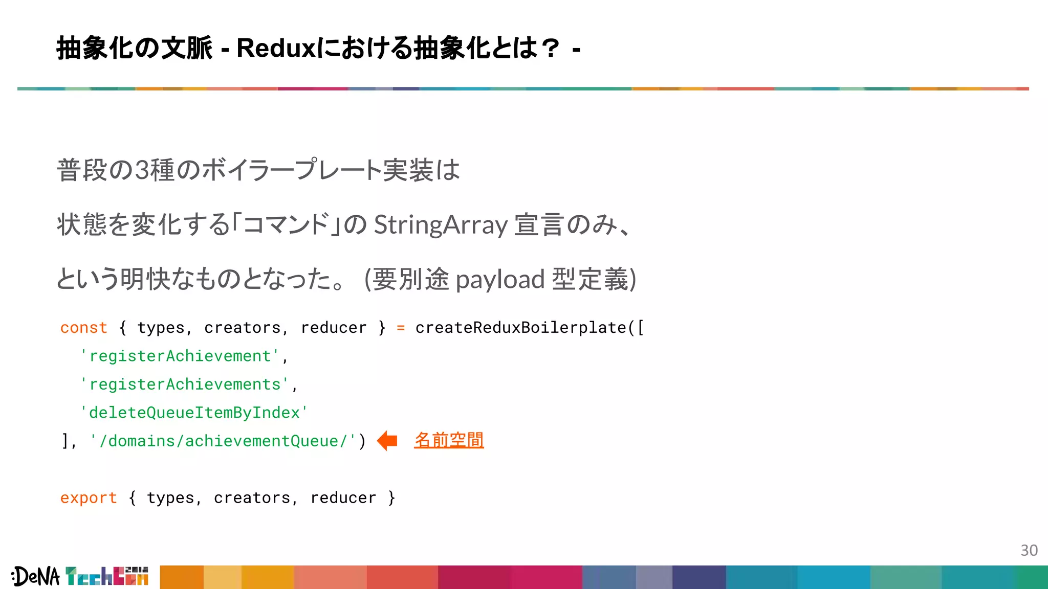 普段の3種のボイラープレート実装は
状態を変化する「コマンド」の StringArray 宣言のみ、
という明快なものとなった。 (要別途 payload 型定義)
const { types, creators, reducer } = createReduxBoilerplate([
'registerAchievement',
'registerAchievements',
'deleteQueueItemByIndex'
], '/domains/achievementQueue/')
export { types, creators, reducer }
抽象化の文脈 - Reduxにおける抽象化とは？ -
名前空間
 