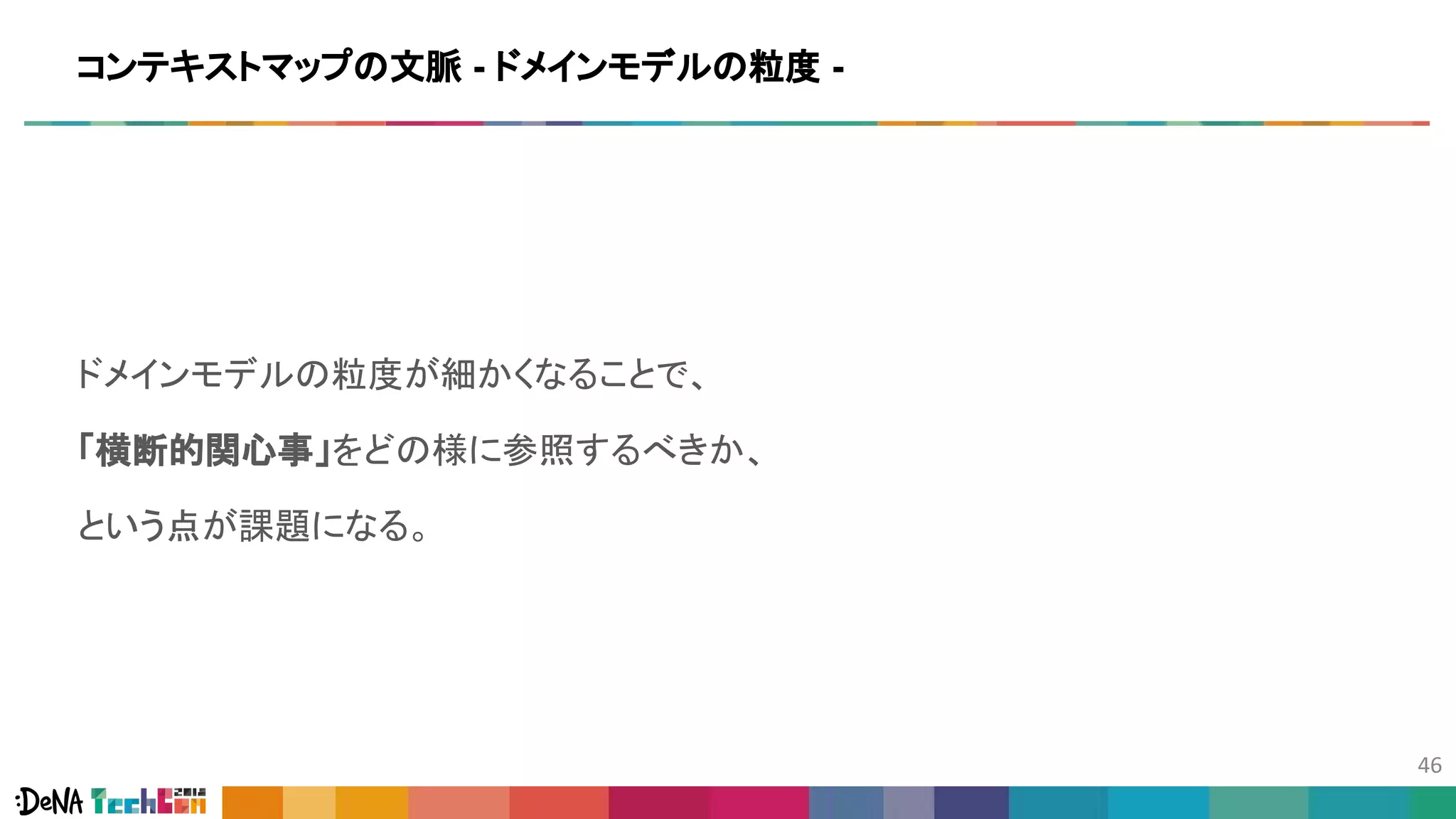 ドメインモデルの粒度が細かくなることで、
「横断的関心事」をどの様に参照するべきか、
という点が課題になる。
コンテキストマップの文脈 - ドメインモデルの粒度 -
 