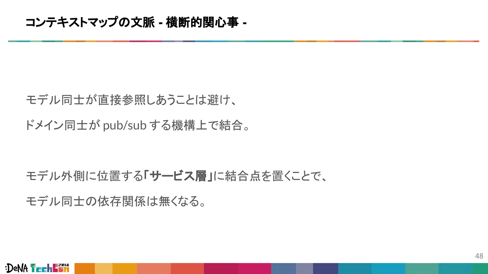 モデル同士が直接参照しあうことは避け、
ドメイン同士が pub/sub する機構上で結合。
モデル外側に位置する「サービス層」に結合点を置くことで、
モデル同士の依存関係は無くなる。
コンテキストマップの文脈 - 横断的関心事 -
 