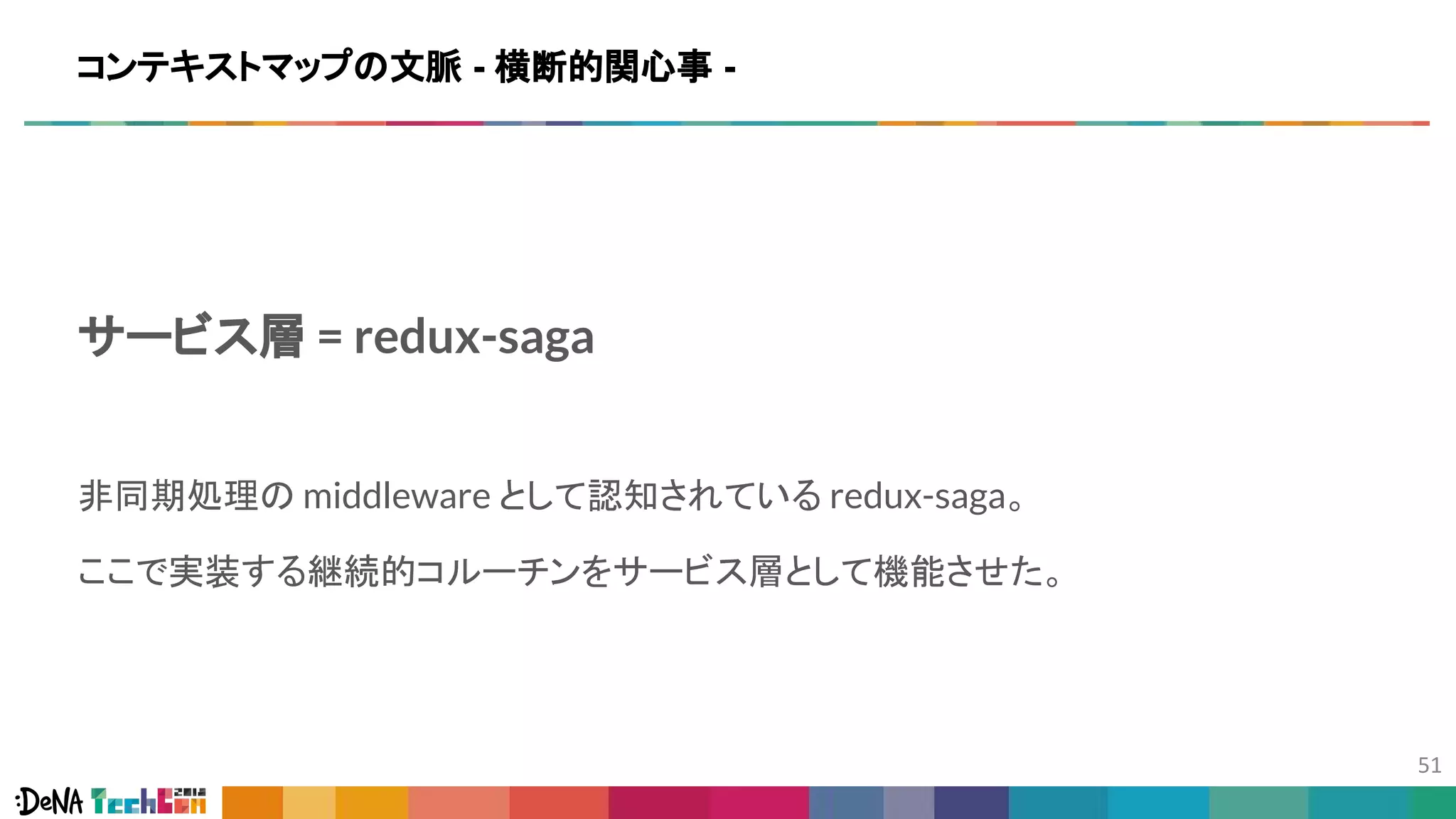 サービス層 = redux-saga
非同期処理の middleware として認知されている redux-saga。
ここで実装する継続的コルーチンをサービス層として機能させた。
コンテキストマップの文脈 - 横断的関心事 -
 