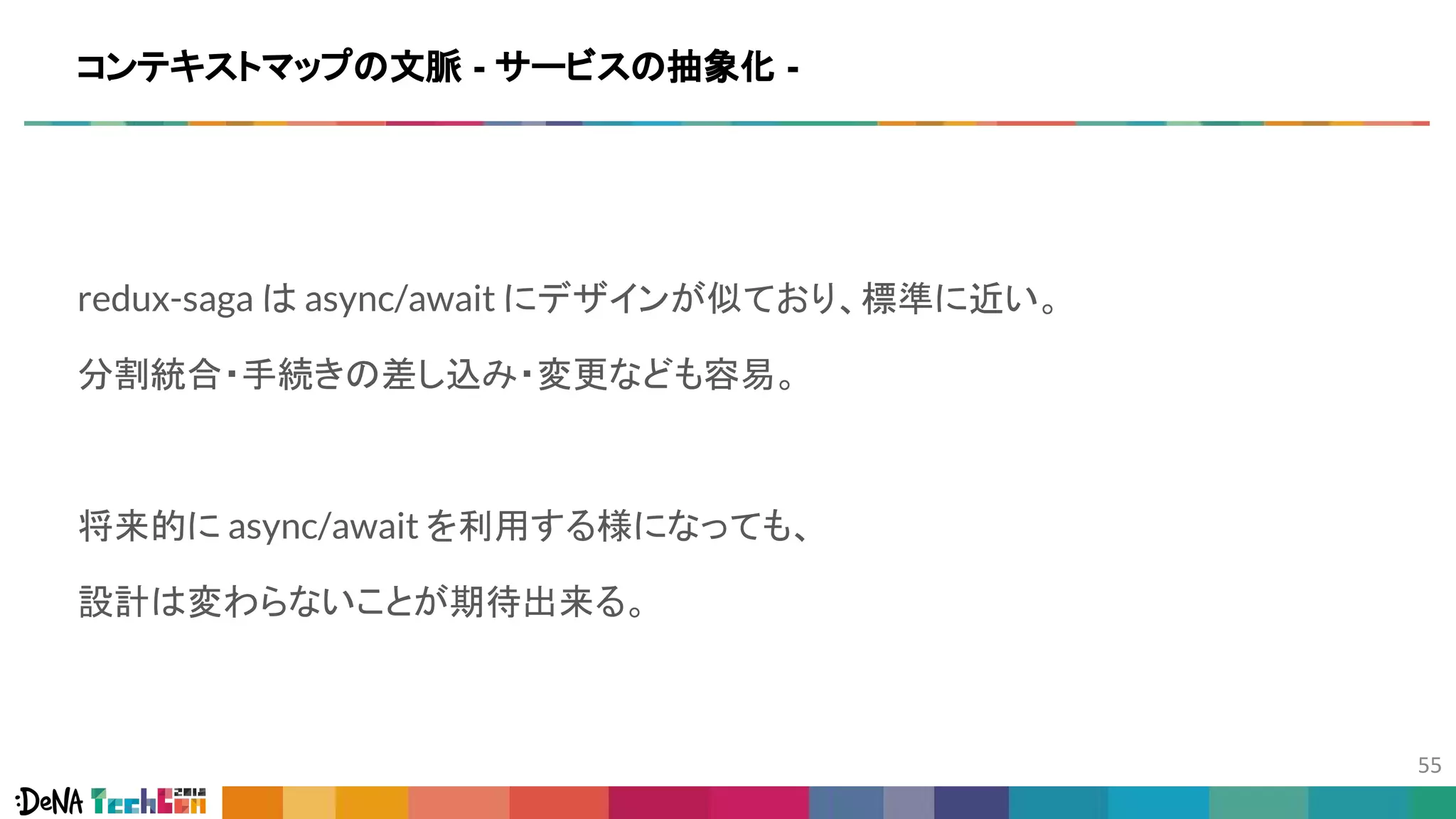 redux-saga は async/await にデザインが似ており、標準に近い。
分割統合・手続きの差し込み・変更なども容易。
将来的に async/await を利用する様になっても、
設計は変わらないことが期待出来る。
コンテキストマップの文脈 - サービスの抽象化 -
 