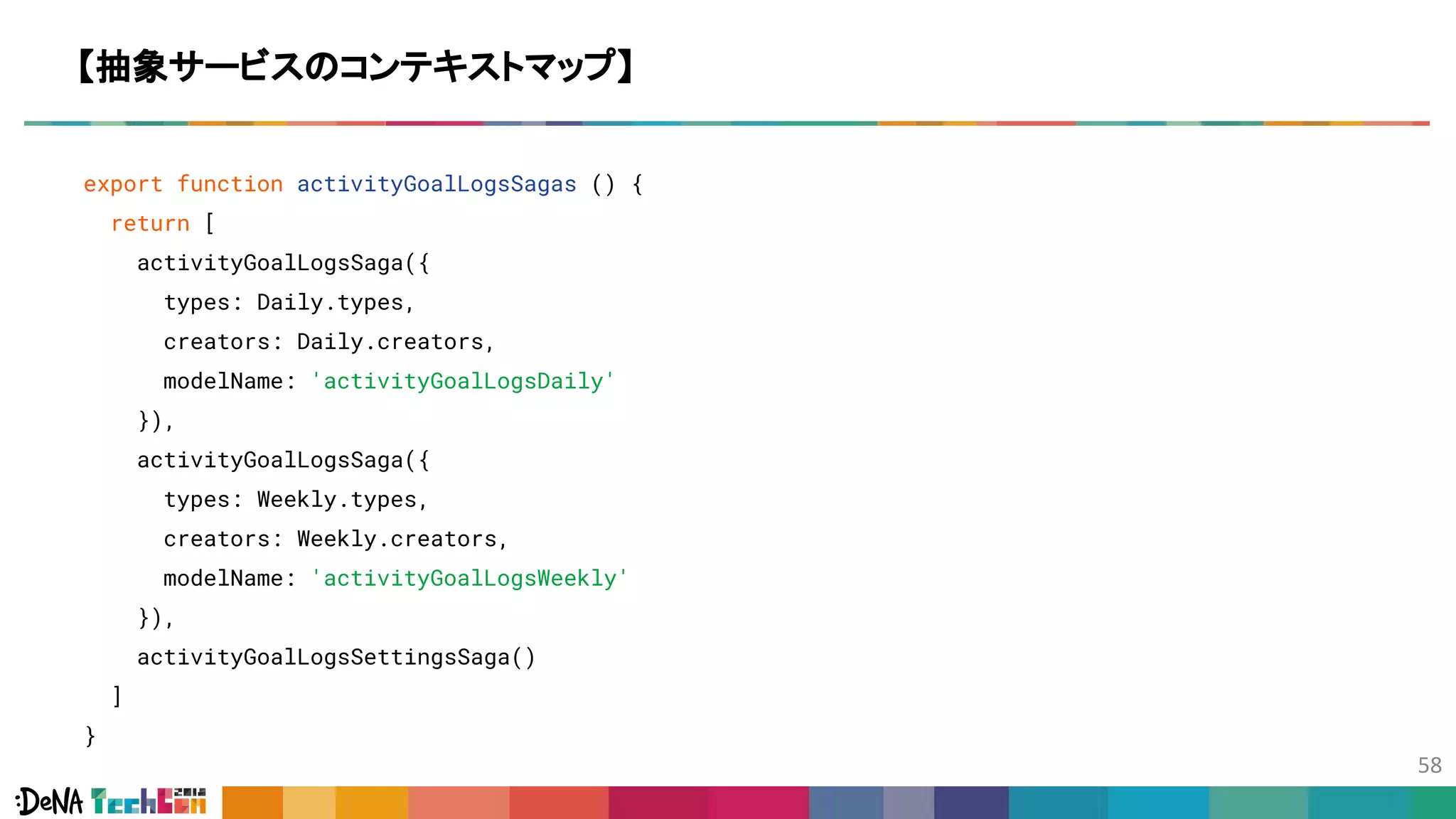 export function activityGoalLogsSagas () {
return [
activityGoalLogsSaga({
types: Daily.types,
creators: Daily.creators,
modelName: 'activityGoalLogsDaily'
}),
activityGoalLogsSaga({
types: Weekly.types,
creators: Weekly.creators,
modelName: 'activityGoalLogsWeekly'
}),
activityGoalLogsSettingsSaga()
]
}
【抽象サービスのコンテキストマップ】
 
