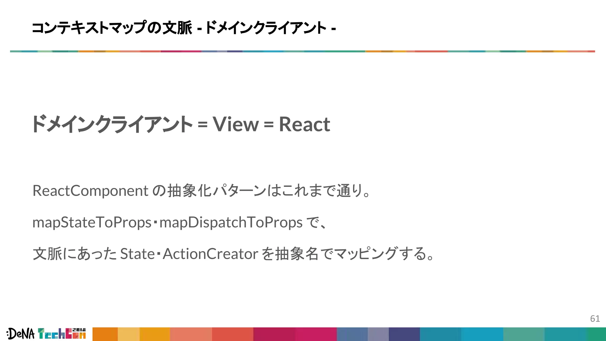 ドメインクライアント = View = React
ReactComponent の抽象化パターンはこれまで通り。
mapStateToProps・mapDispatchToProps で、
文脈にあった State・ActionCreator を抽象名でマッピングする。
コンテキストマップの文脈 - ドメインクライアント -
 
