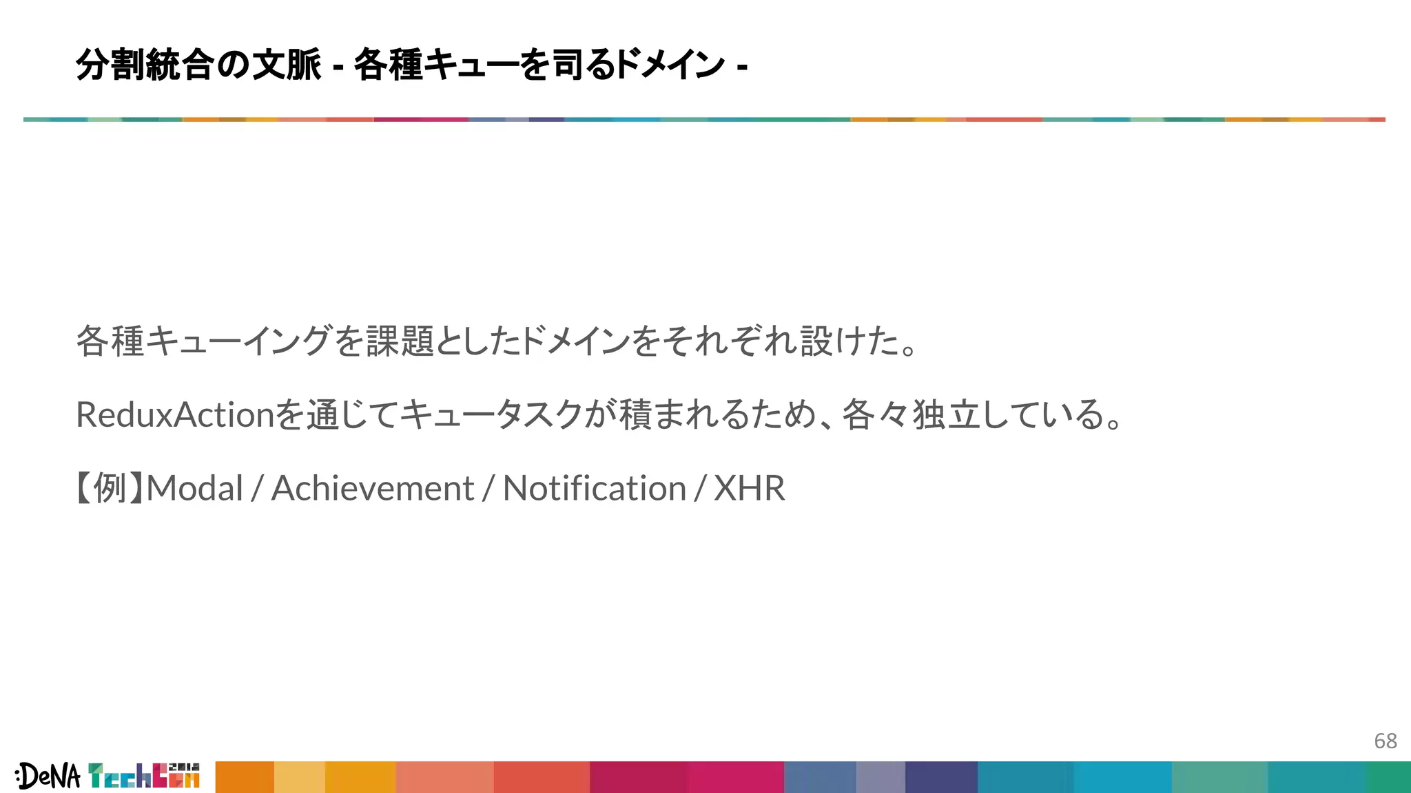 各種キューイングを課題としたドメインをそれぞれ設けた。
ReduxActionを通じてキュータスクが積まれるため、各々独立している。
【例】Modal / Achievement / Notification / XHR
分割統合の文脈 - 各種キューを司るドメイン -
 