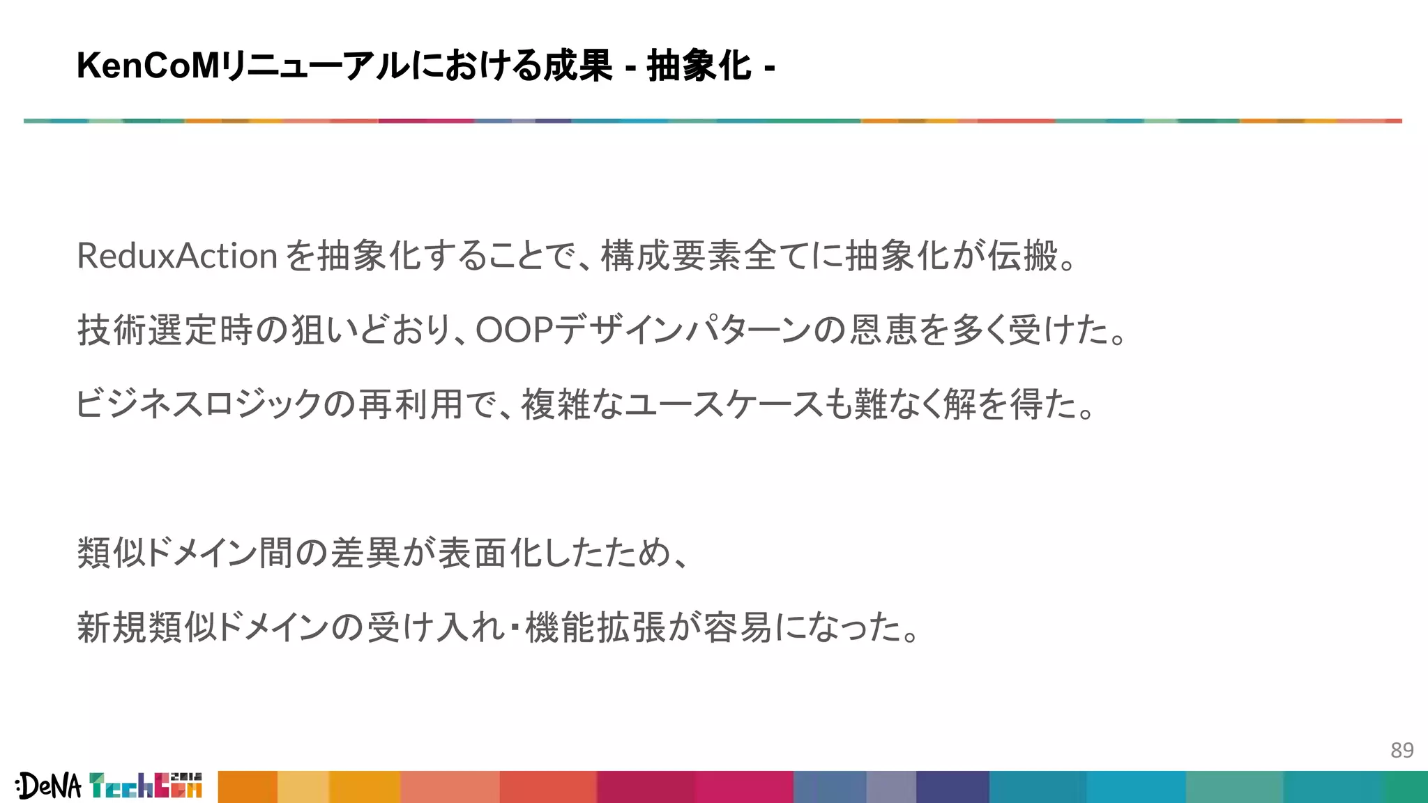 ReduxAction を抽象化することで、構成要素全てに抽象化が伝搬。
技術選定時の狙いどおり、OOPデザインパターンの恩恵を多く受けた。
ビジネスロジックの再利用で、複雑なユースケースも難なく解を得た。
類似ドメイン間の差異が表面化したため、
新規類似ドメインの受け入れ・機能拡張が容易になった。
KenCoMリニューアルにおける成果 - 抽象化 -
 