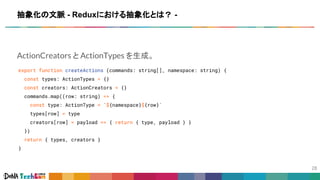 ActionCreators と ActionTypes を生成。
export function createActions (commands: string[], namespace: string) {
const types: ActionTypes = {}
const creators: ActionCreators = {}
commands.map((row: string) => {
const type: ActionType = `${namespace}${row}`
types[row] = type
creators[row] = payload => { return { type, payload } }
})
return { types, creators }
}
抽象化の文脈 - Reduxにおける抽象化とは？ -
 