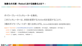ボイラープレートジェネレーターを集約。
このジェネレーターは、状態を変更する Action名を宣言することで、
3種のボイラープレートが一度に出来上がる。(Action名配列の宣言・名前空間の宣言 )
export function createReduxBoilerplate (commands: string[], namespace: string) {
const { types, creators } = createActions(commands, namespace)
const reducer = createReducer(commands, namespace)
return { types, creators, reducer }
}
抽象化の文脈 - Reduxにおける抽象化とは？ -
 