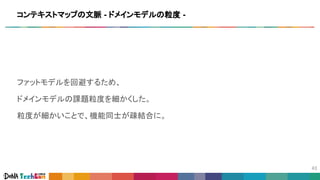 ファットモデルを回避するため、
ドメインモデルの課題粒度を細かくした。
粒度が細かいことで、機能同士が疎結合に。
コンテキストマップの文脈 - ドメインモデルの粒度 -
 