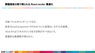 分岐・フィルタリング・ソートなど、
従来 ReactComponent で行われていた処理は、モデルの責務。
View からビジネスロジックを引き剥がすべきという、
普遍的な最適解が得られた。
課題領域分割で得られる React.render 最適化
 