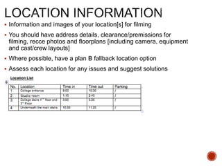  Information and images of your location[s] for filming
 You should have address details, clearance/premissions for
filming, recce photos and floorplans [including camera, equipment
and cast/crew layouts]
 Where possible, have a plan B fallback location option
 Assess each location for any issues and suggest solutions
 