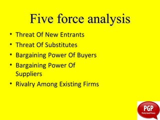 Five force analysisFive force analysis
• Threat Of New Entrants
• Threat Of Substitutes
• Bargaining Power Of Buyers
• Bargaining Power Of
Suppliers
• Rivalry Among Existing Firms
 