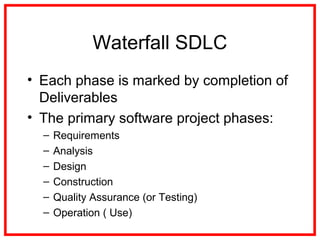 Waterfall SDLC
• Each phase is marked by completion of
Deliverables
• The primary software project phases:
– Requirements
– Analysis
– Design
– Construction
– Quality Assurance (or Testing)
– Operation ( Use)
 