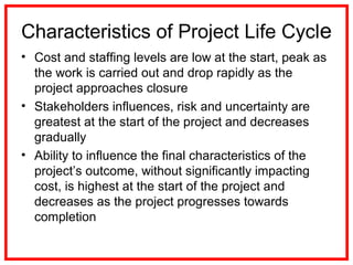 Characteristics of Project Life Cycle
• Cost and staffing levels are low at the start, peak as
the work is carried out and drop rapidly as the
project approaches closure
• Stakeholders influences, risk and uncertainty are
greatest at the start of the project and decreases
gradually
• Ability to influence the final characteristics of the
project’s outcome, without significantly impacting
cost, is highest at the start of the project and
decreases as the project progresses towards
completion
 