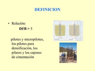 DEFINICION
• Relación:
Df/B > 5
pilotes y micropilotes,
los pilotes para
densificación, los
pilares y los cajones
de cimentación
 