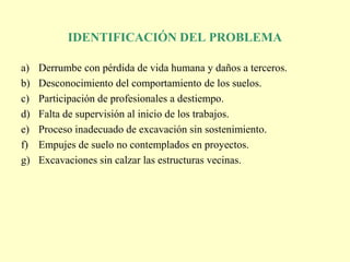 IDENTIFICACIÓN DEL PROBLEMA
a) Derrumbe con pérdida de vida humana y daños a terceros.
b) Desconocimiento del comportamiento de los suelos.
c) Participación de profesionales a destiempo.
d) Falta de supervisión al inicio de los trabajos.
e) Proceso inadecuado de excavación sin sostenimiento.
f) Empujes de suelo no contemplados en proyectos.
g) Excavaciones sin calzar las estructuras vecinas.
 
