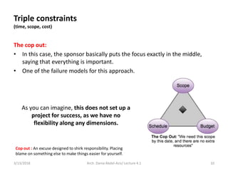 The cop out:
• In this case, the sponsor basically puts the focus exactly in the middle,
saying that everything is important.
• One of the failure models for this approach.
3/13/2018 Arch. Dania Abdel-Aziz/ Lecture 4.1 10
As you can imagine, this does not set up a
project for success, as we have no
flexibility along any dimensions.
Triple constraints
(time, scope, cost)
Cop out : An excuse designed to shirk responsibility. Placing
blame on something else to make things easier for yourself.
 