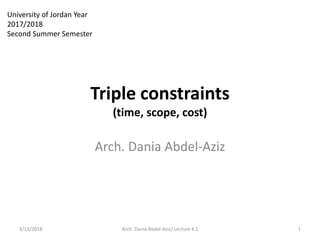 Arch. Dania Abdel-Aziz
Triple constraints
(time, scope, cost)
3/13/2018 1Arch. Dania Abdel-Aziz/ Lecture 4.1
University of Jordan Year
2017/2018
Second Summer Semester
 
