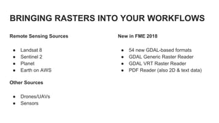 BRINGING RASTERS INTO YOUR WORKFLOWS
● Landsat 8
● Sentinel 2
● Planet
● Earth on AWS
● 54 new GDAL-based formats
● GDAL G...