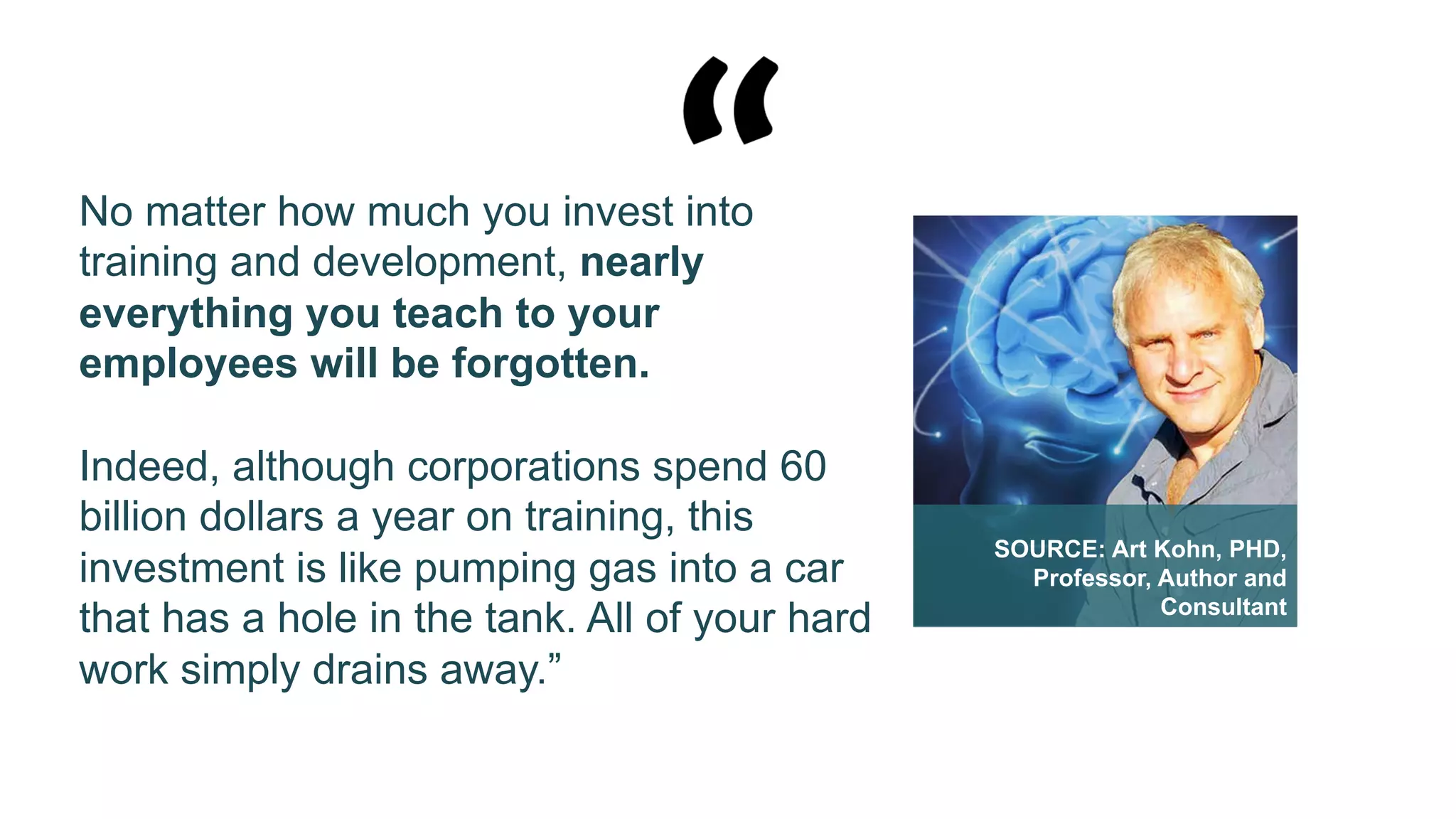 No matter how much you invest into
training and development, nearly
everything you teach to your
employees will be forgotten.
Indeed, although corporations spend 60
billion dollars a year on training, this
investment is like pumping gas into a car
that has a hole in the tank. All of your hard
work simply drains away.”
SOURCE: Art Kohn, PHD,
Professor, Author and
Consultant
 