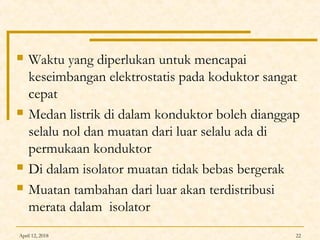 April 12, 2018 22
 Waktu yang diperlukan untuk mencapai
keseimbangan elektrostatis pada koduktor sangat
cepat
 Medan listrik di dalam konduktor boleh dianggap
selalu nol dan muatan dari luar selalu ada di
permukaan konduktor
 Di dalam isolator muatan tidak bebas bergerak
 Muatan tambahan dari luar akan terdistribusi
merata dalam isolator
 
