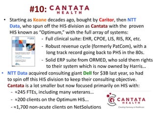 • Starting as Keane decades ago, bought by Caritor, then NTT
Data, who spun off the HIS division as Cantata with the proven
HIS known as “Optimum,” with the full array of systems:
- Full clinical suite: EHR, CPOE, LIS, RIS, RX, etc.
- Robust revenue cycle (formerly PatCom), with a
long track record going back to PHS in the 80s.
- Solid ERP suite from ORMED, who sold them rights
to their system which is now owned by Harris…
• NTT Data acquired consulting giant Dell for $3B last year, so had
to spin off this HIS division to keep their consulting objective.
Cantata is a lot smaller but now focused primarily on HIS with:
- ≈245 FTEs, including many veterans…
- ≈200 clients on the Optimum HIS...
- ≈1,700 non-acute clients on NetSolutions
#10:
 