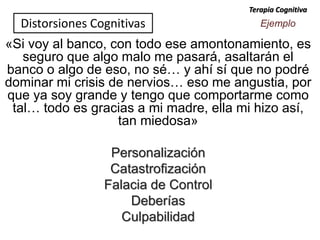 «Si voy al banco, con todo ese amontonamiento, es
seguro que algo malo me pasará, asaltarán el
banco o algo de eso, no sé… y ahí sí que no podré
dominar mi crisis de nervios… eso me angustia, por
que ya soy grande y tengo que comportarme como
tal… todo es gracias a mi madre, ella mi hizo así,
tan miedosa»
Personalización
Catastrofización
Falacia de Control
Deberías
Culpabilidad
Terapia Cognitiva
Distorsiones Cognitivas Ejemplo
 