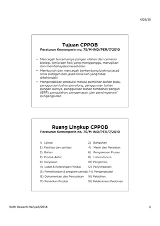 4/26/18	
  
Ra*h	
  Dewan*-­‐Hariyadi/2018	
   4	
  
Tujuan CPPOB
Peraturan Kemenperin no. 75/M-IND/PER/7/2010
•  Mencegah tercemarnya pangan olahan dari cemaran
biologi, kimia dan ﬁsik yang mengganggu, merugikan
dan membahayakan kesehatan
•  Membunuh dan mencegah berkembang biaknya jasad
renik patogen dan jasad renik lain yang tidak
dikehendaki
•  Mengendalikan produksi melalui pemilihan bahan baku,
penggunaan bahan penolong, penggunaan bahan
pangan lainnya, penggunaan bahan tambahan pangan
(BTP), pengolahan, pengemasan ,dan penyimpanan/
pengangkutan
Ruang Lingkup CPPOB
Peraturan Kemenperin no. 75/M-IND/PER/7/2010
1) Lokasi 2) Bangunan
3) Fasilitas dan sanitasi 4) Mesin dan Peralatan
5) Bahan 6) Pengawasan Proses
7) Produk Akhir; 8) Laboratorium
9) Karyawan 10) Pengemas;
11) Label & Keterangan Produk 12) Penyimpanan;
13)  Pemeliharaan & program sanitasi 14) Pengangkutan
15) Dokumentasi dan Pencatatan 16) Pelatihan;
17) Penarikan Produk 18) Pelaksanaan Pedoman
 